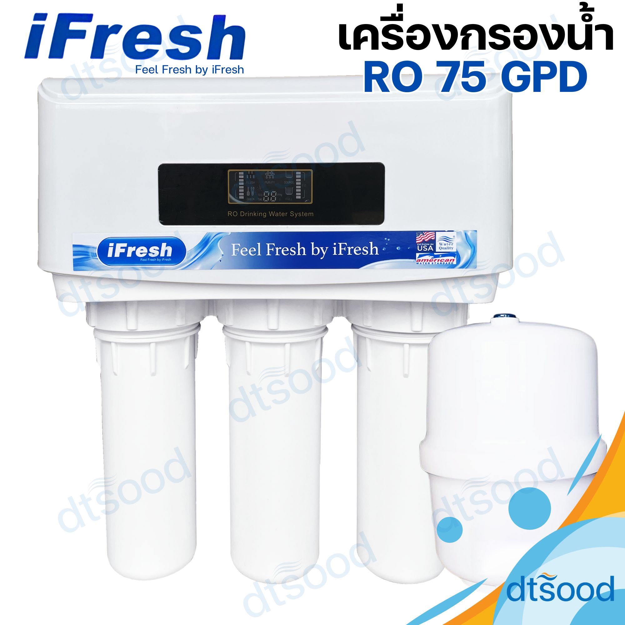 iFresh เครื่องกรองน้ำดื่ม 5 ขั้นตอน ระบบRO ขนาด 75 GPD หน้าจอสแดงผลแบบดิจิตอล วัดค่าTDS อุปกรณ์ครบชุดพร้อมใช้งาน