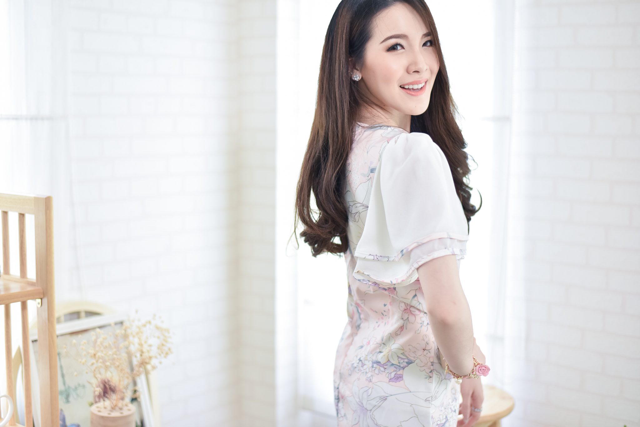 Lady Pink Floral Bell Sleeve Dress : Size L