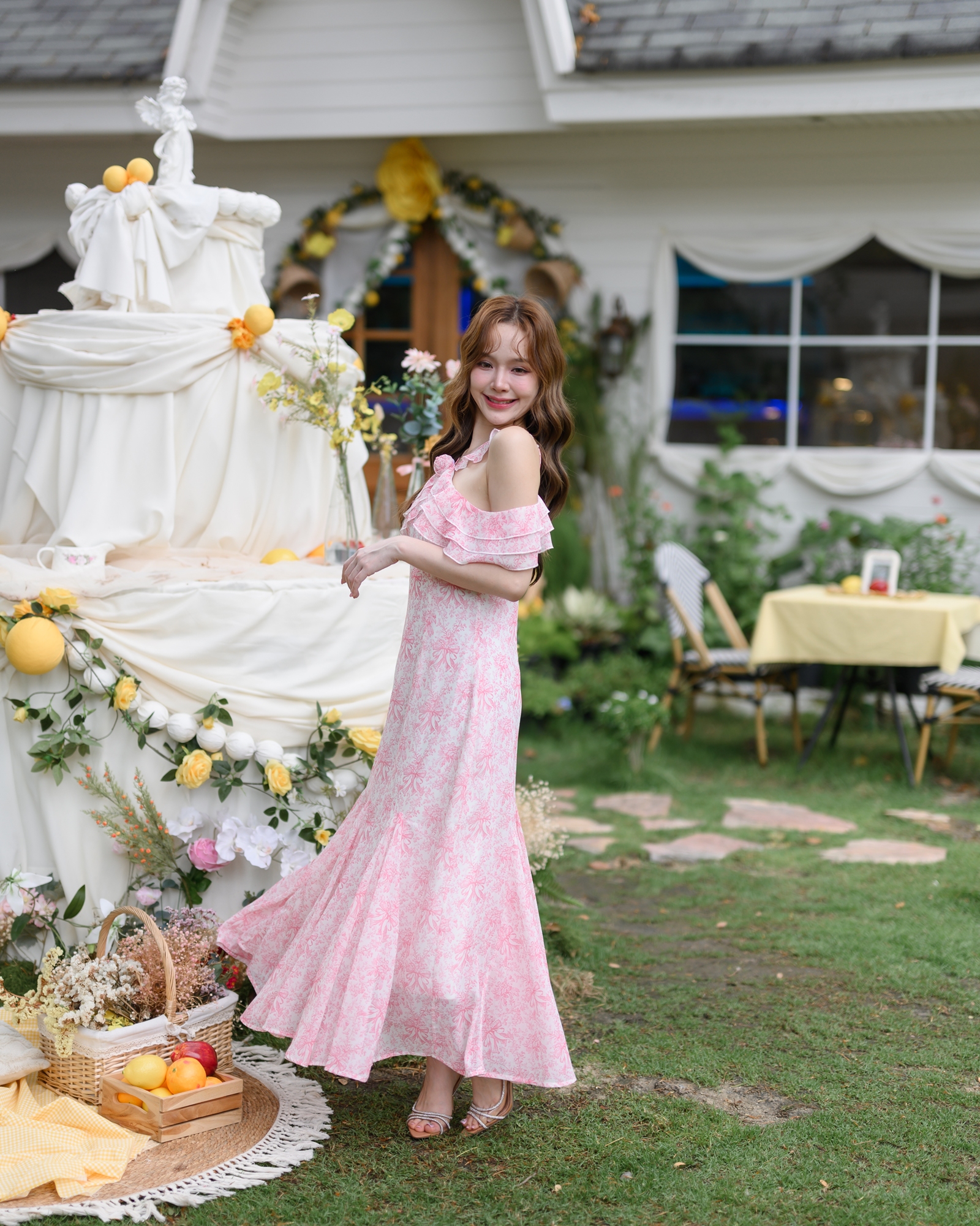 Pink Toile Bow Off-Shoulder Maxi Dress