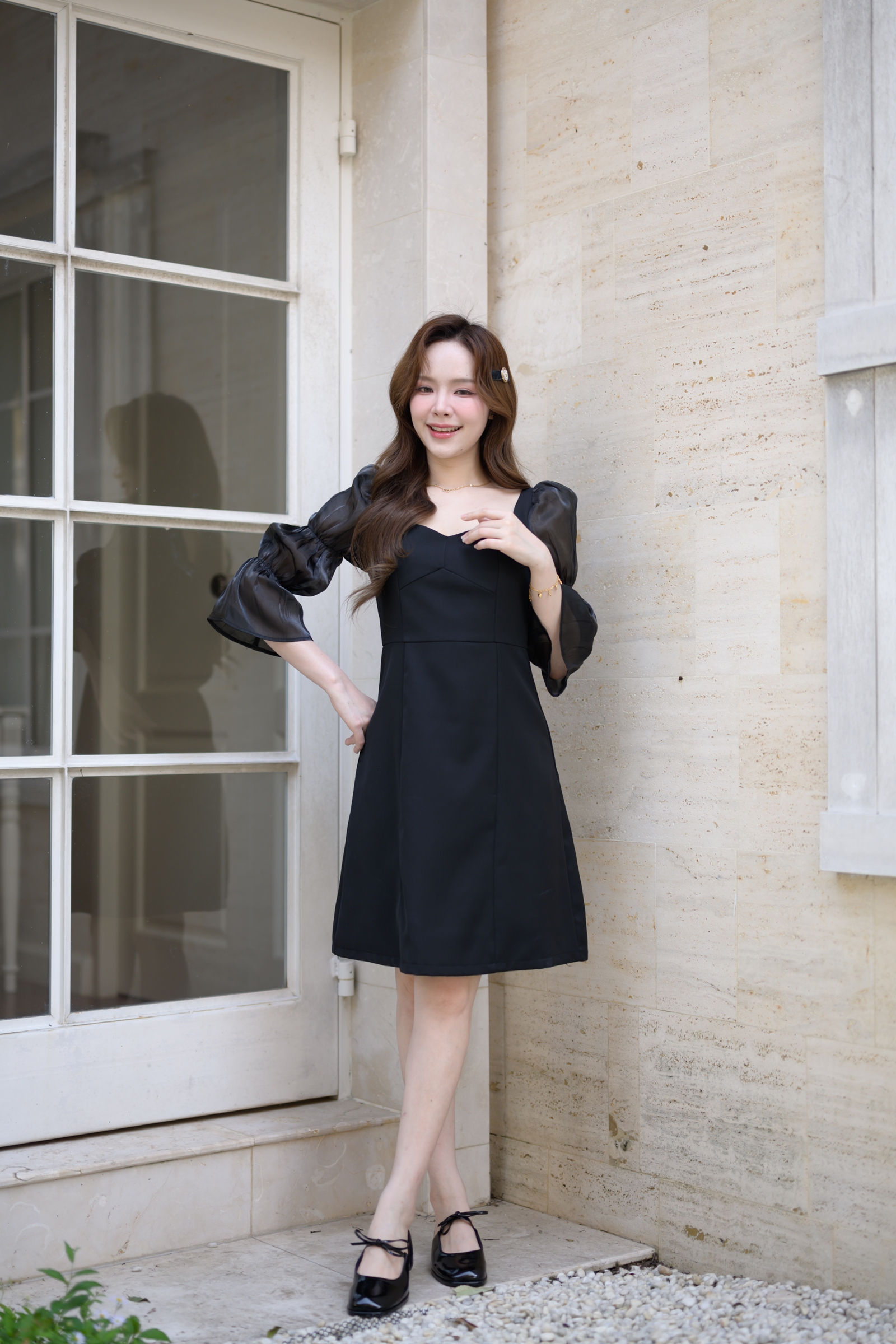 Evie Organza Puff Dress เดรสแขนพัฟ: สีดำ [Made by Pastel Time]