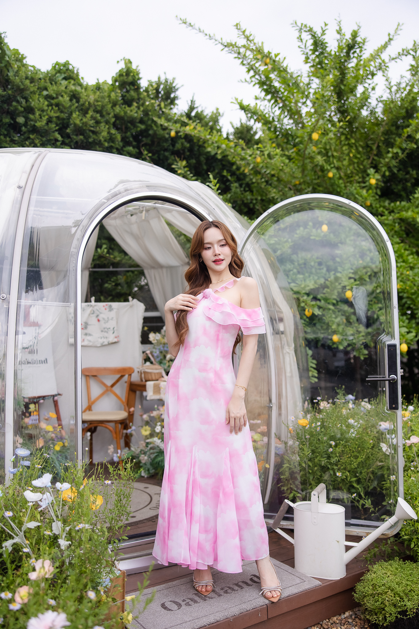 Pink Cloudy Off-Shoulder Maxi Dress ลายเมฆชมพู