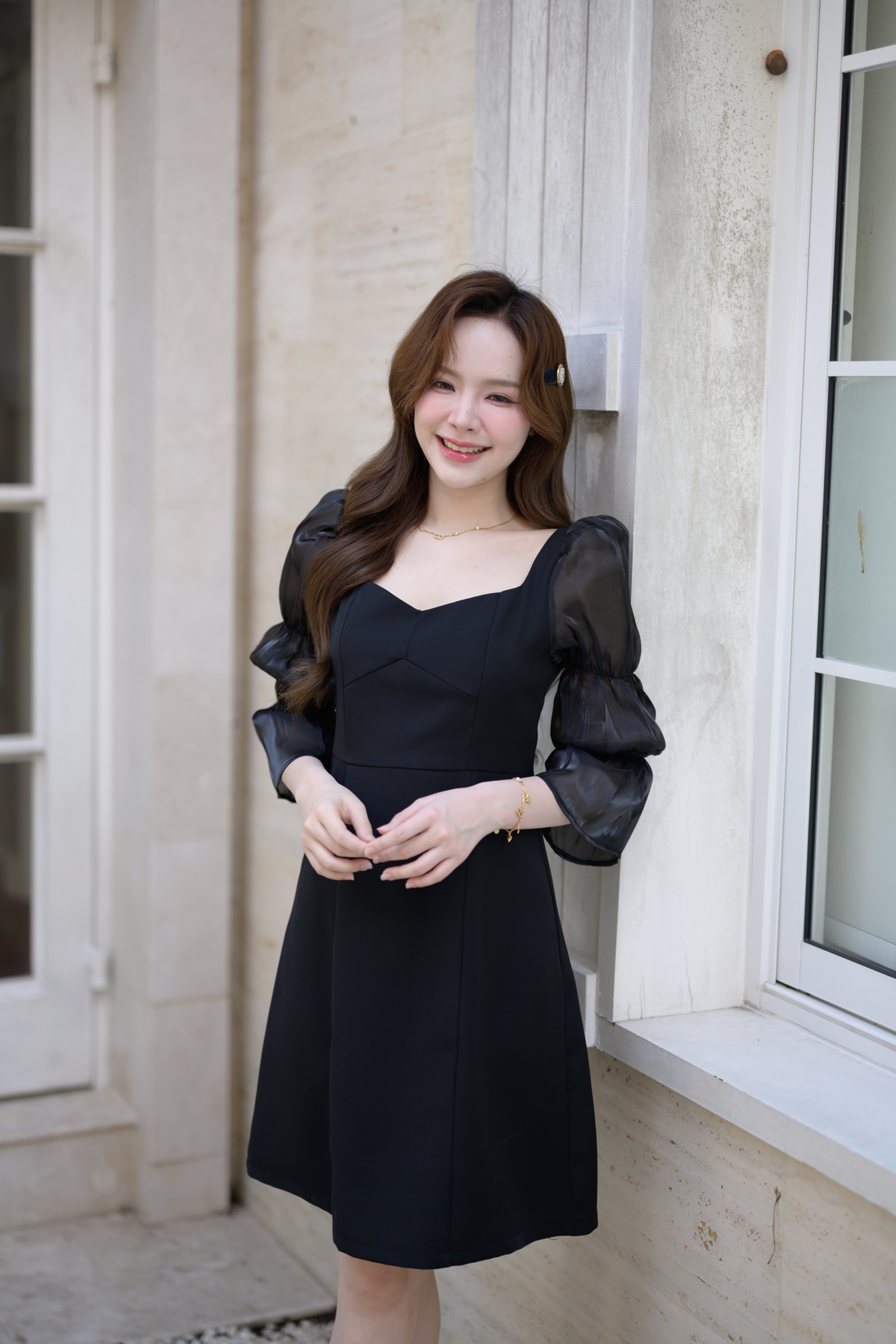 Evie Organza Puff Dress เดรสแขนพัฟ: สีดำ [Made by Pastel Time]