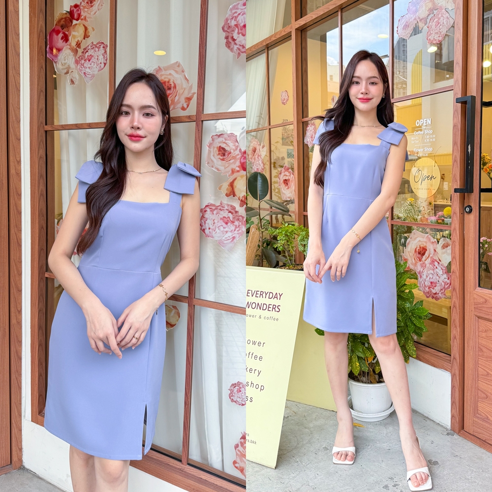 Maggie Double Bow Dress : สีฟ้าคราม [Made by Pastel Time]