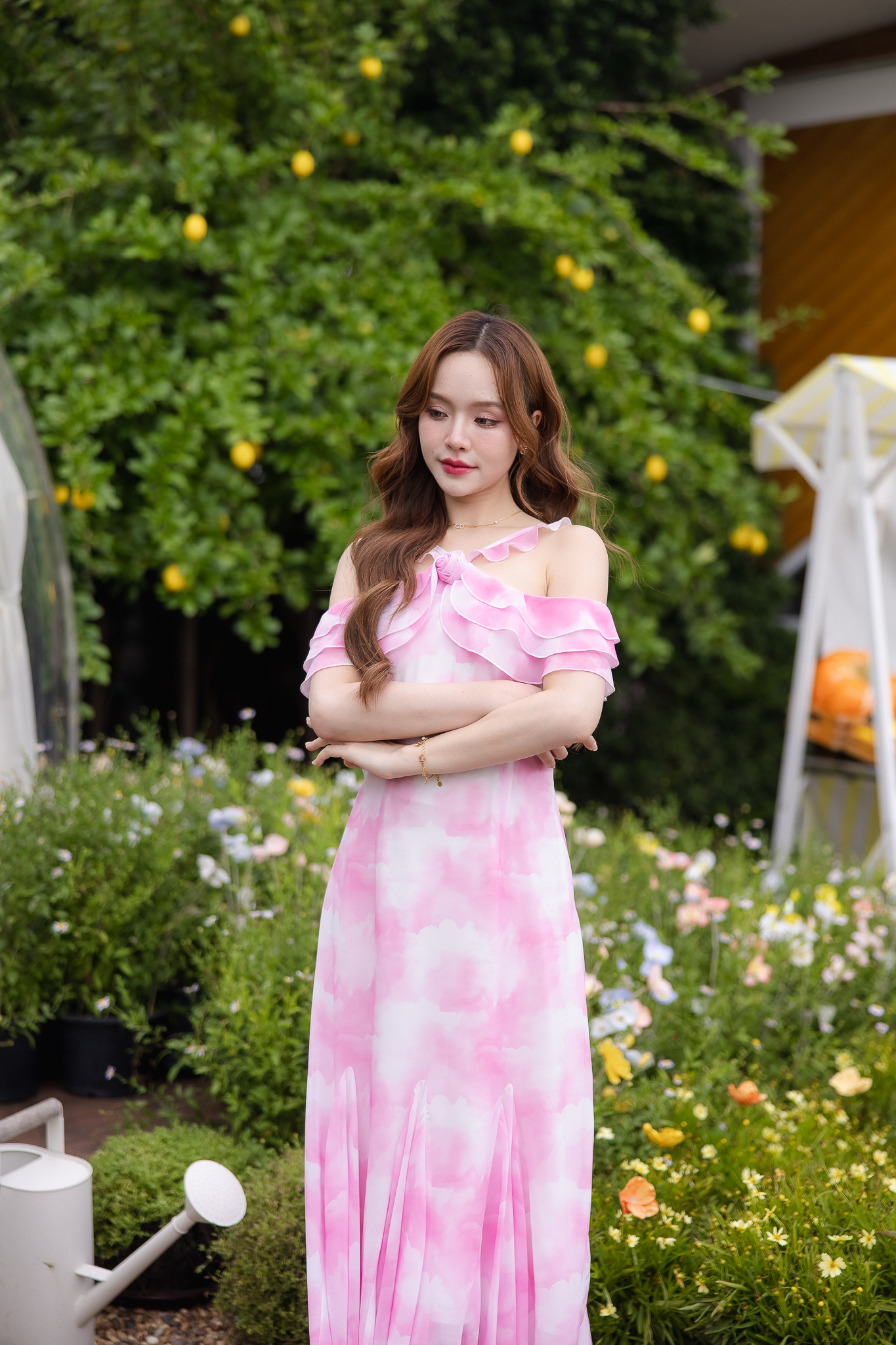 Pink Cloudy Off-Shoulder Maxi Dress ลายเมฆชมพู