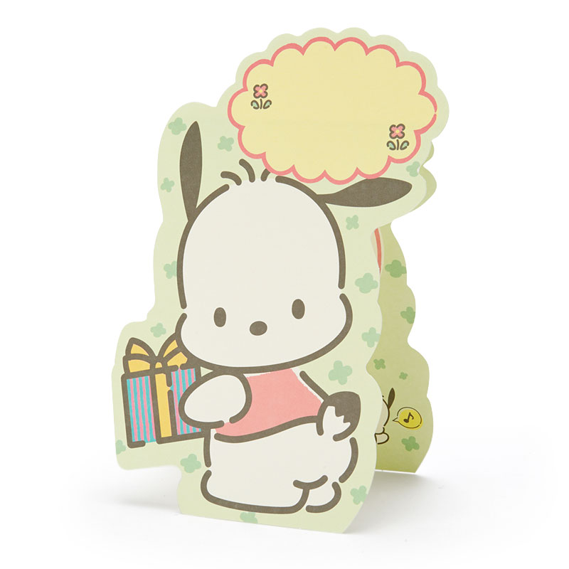 การ์ดเปล่า Sanrio & Sponge Seal Card แบบ Pochacco สามารถเขียนด้านในได้ มีสติกเกอร์คำอวยพรให้แปะได้ 4 แบบ ขนาดประมาณ 12 x 0.5 x 16 ซม.