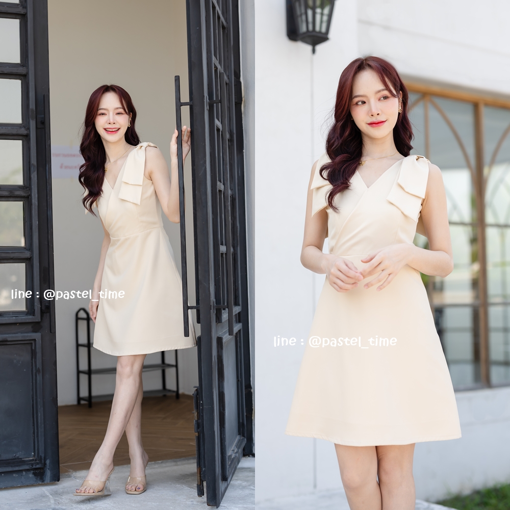 Amy Double Bow Dress - สีครีม [Made by Pastel Time]
