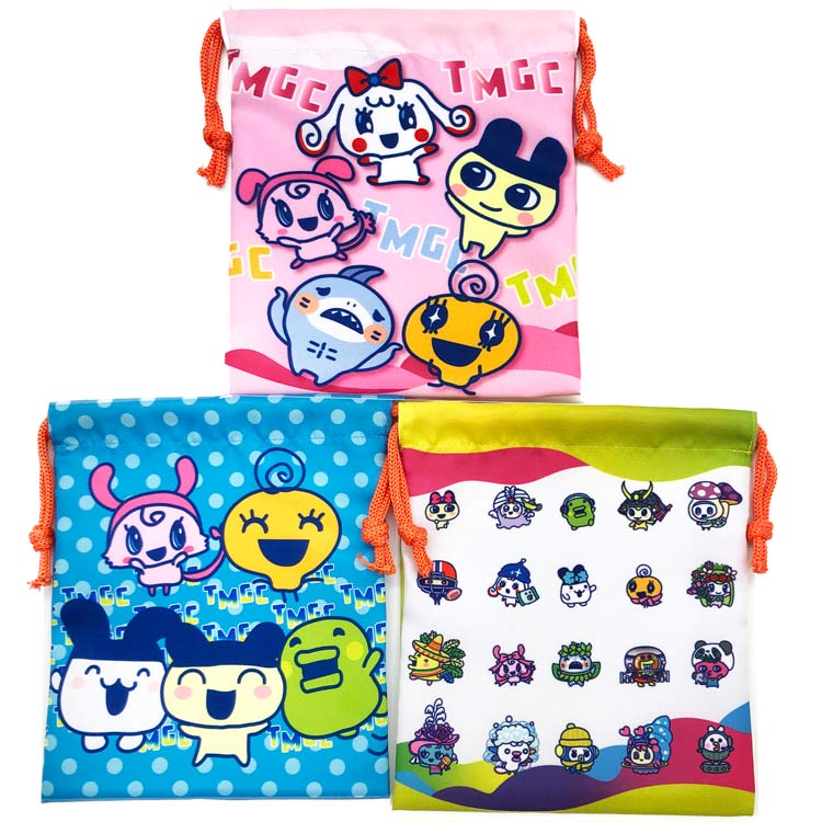 เซ็ตกระเป๋ารูดเชือก 3 ใบ ลาย Tamagotchi Uni จากญี่ปุ่น ขนาด 21 x 18 ซม.