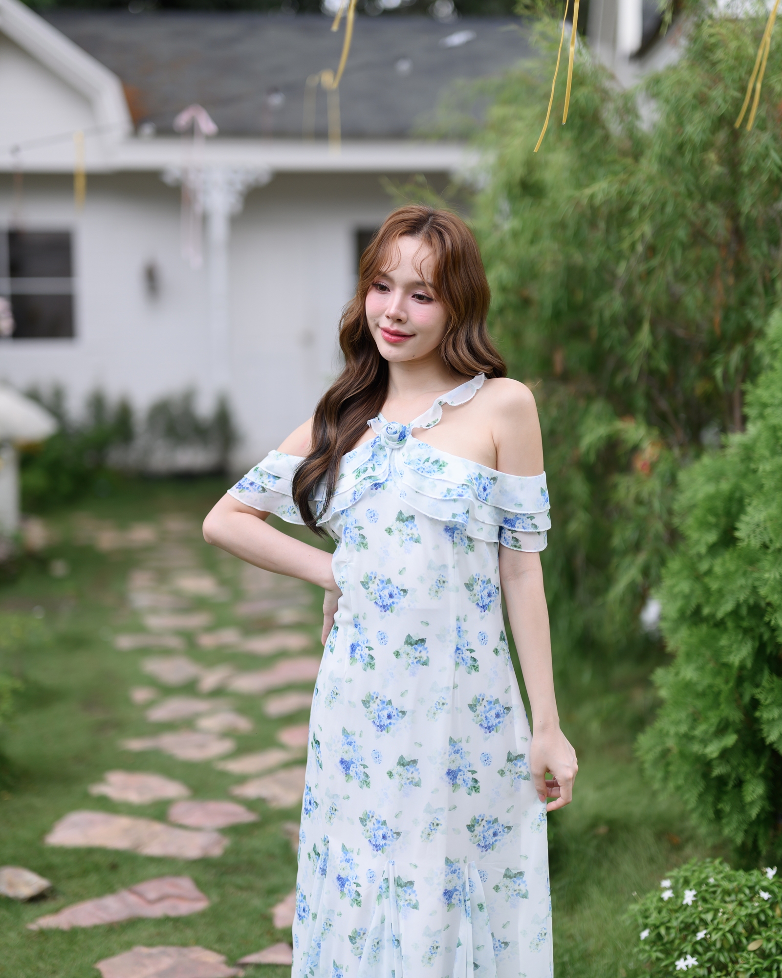 Hydrangea Off-Shoulder Maxi Dress