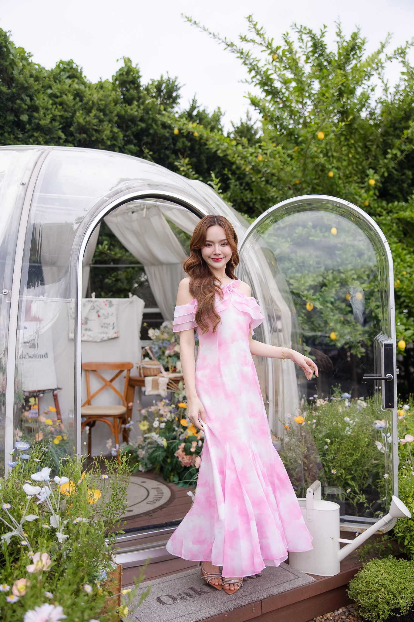 Pink Cloudy Off-Shoulder Maxi Dress ลายเมฆชมพู