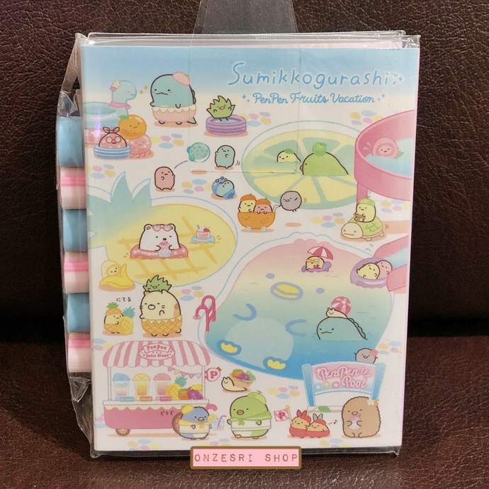 กระดาษโน้ต Memo แบบเล่มลาย Sumikko Gurashi Pen Pen Fruits Vacation สีฟ้า มียางลบเล็ก 6 ก้อน ขนาด 9 x 7 x 1.8 ซม. กระดาษมี 6 ลาย รวม 120 แผ่น