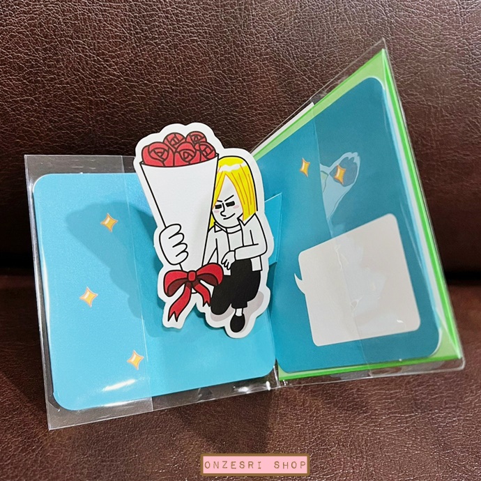 การ์ดเปล่า LINE Friends Characters Pop-up Mini Card ลาย James ถือช่อดอกไม้ ขนาด 8 x 8 ซม. ของแท้จากญี่ปุ่น