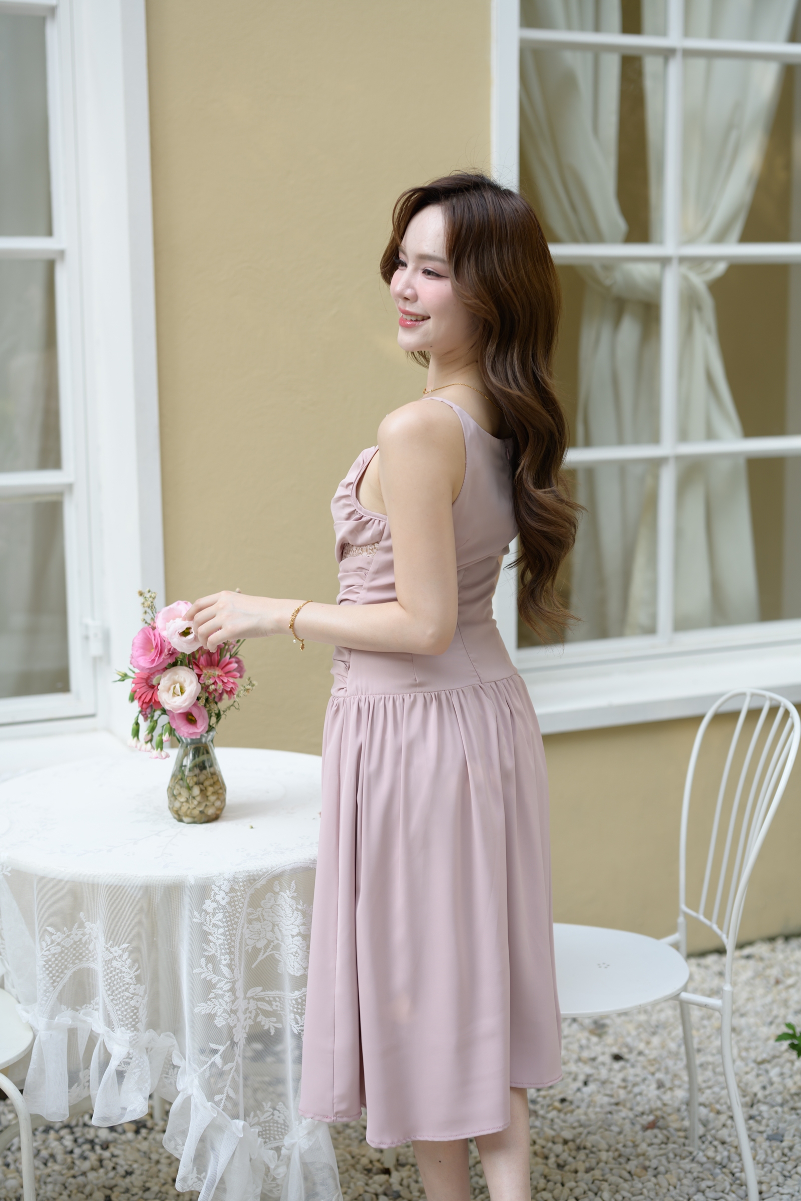 Elise Draped Lace Midi Dress : สีชมพู [Made by Pastel Time]