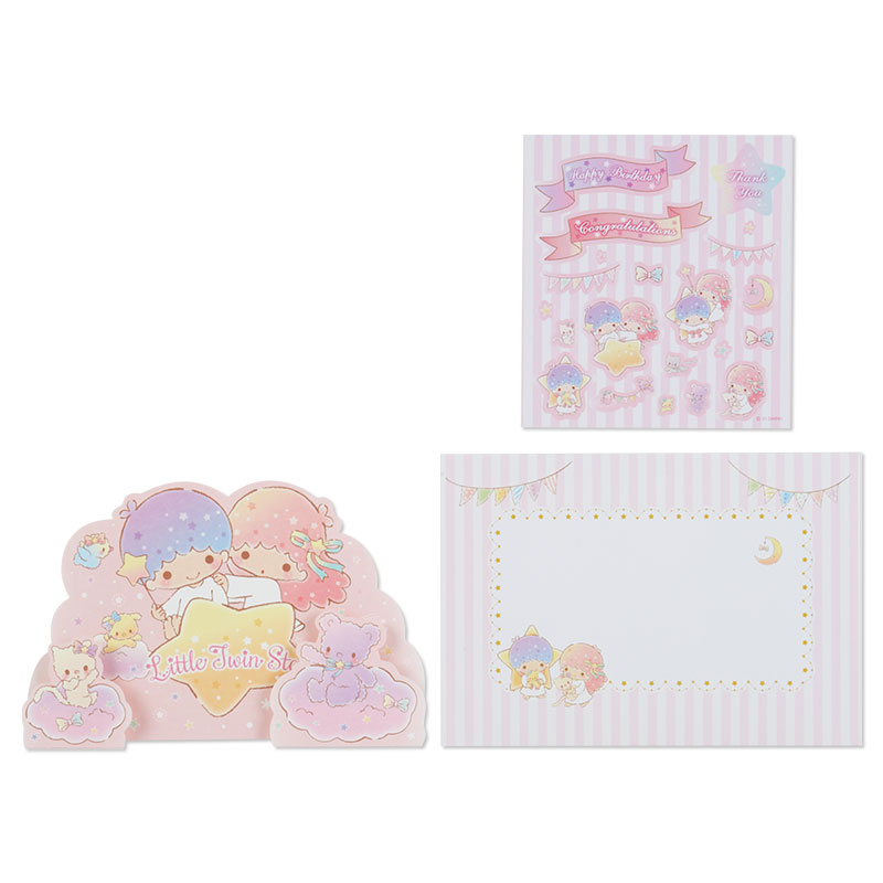 การ์ดเปล่า Sanrio & Seal Card แบบ Little Twin Stars สามารถเขียนด้านในได้ มีสติกเกอร์น่ารักให้แปะได้ 1 แผ่น มาพร้อมซองลายน่ารักเข้ากัน ขนาดประมาณ 16.2 x 11 ซม.