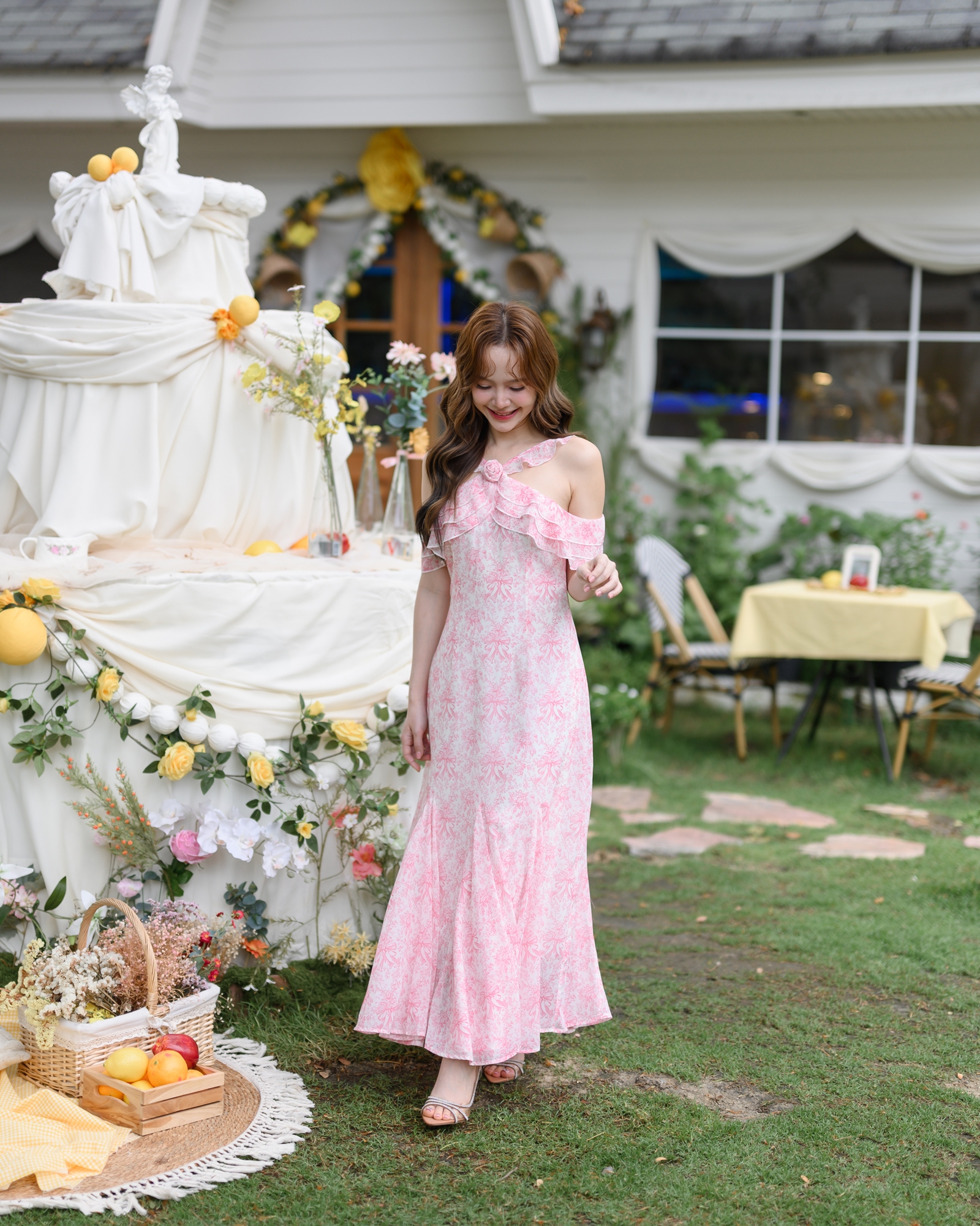 Pink Toile Bow Off-Shoulder Maxi Dress