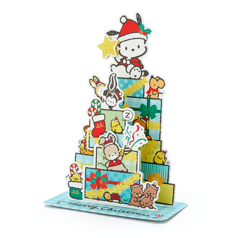 Sanrio Christmas Pop Up Card From Japan การ์ดอวยพรลาย Pochacco กางออกมาเป็นต้นคริสต์มาสได้น่ารัก ขนาด 18.8 x 13 x 7.2 ซม.