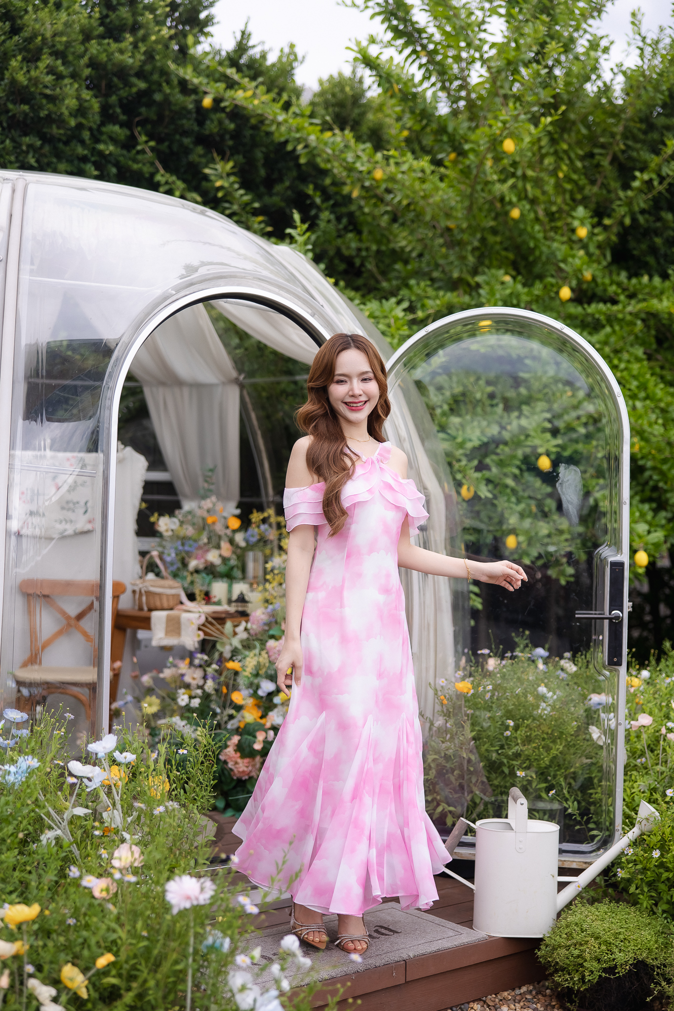 Pink Cloudy Off-Shoulder Maxi Dress ลายเมฆชมพู