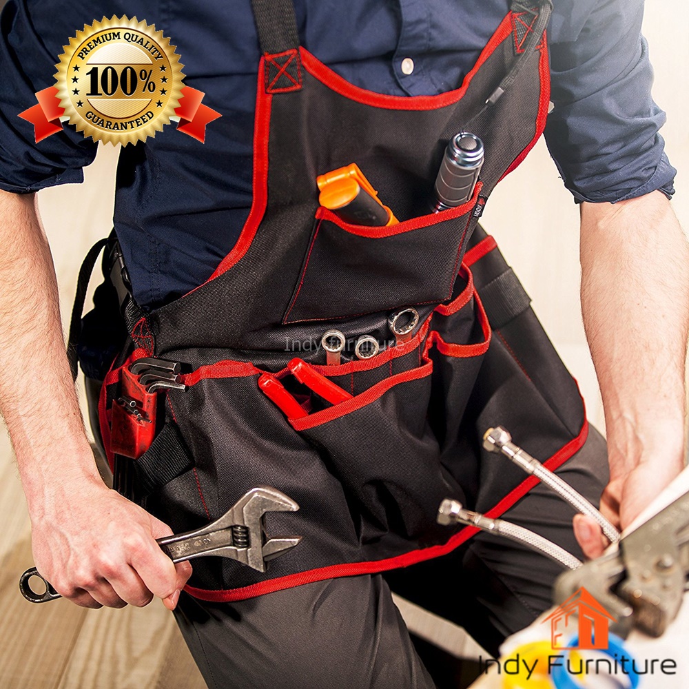 เอี๊ยมกันเปื้อนช่าง กระเป๋าเครื่องมือช่าง ผ้ากันเปื้อน เสื้อช่างใส่เครื่องมือ สีดำ/แดง