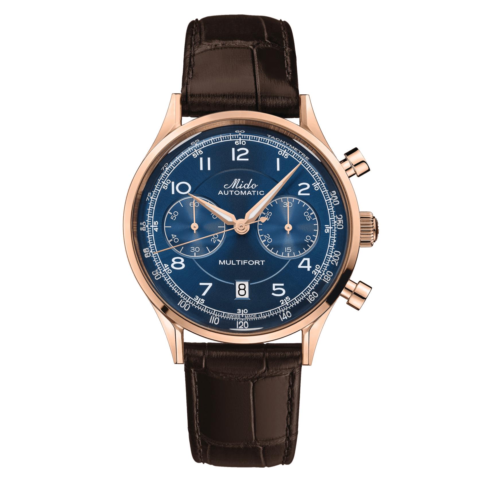 MIDO AUTOMATIC MULTIFORT PATRIMONY CHRONOGRAPH รุ่น M040.427.36.042.00 (หน้าน้ำเงิน ขอบโรสโกลด์ โครโนกราฟ สายหนังน้ำตาลเข้ม)