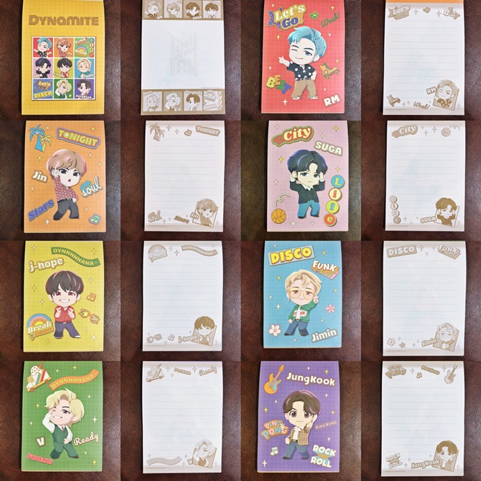 สมุดฉีก BTS TinyTan ของแท้จากญี่ปุ่น ลาย Dynamite สีเหลือง ขนาด 10.3 x 14.5 x 1.1 ซม. มี 8 ลาย ลายละ 12 แผ่น รวม 96 แผ่น