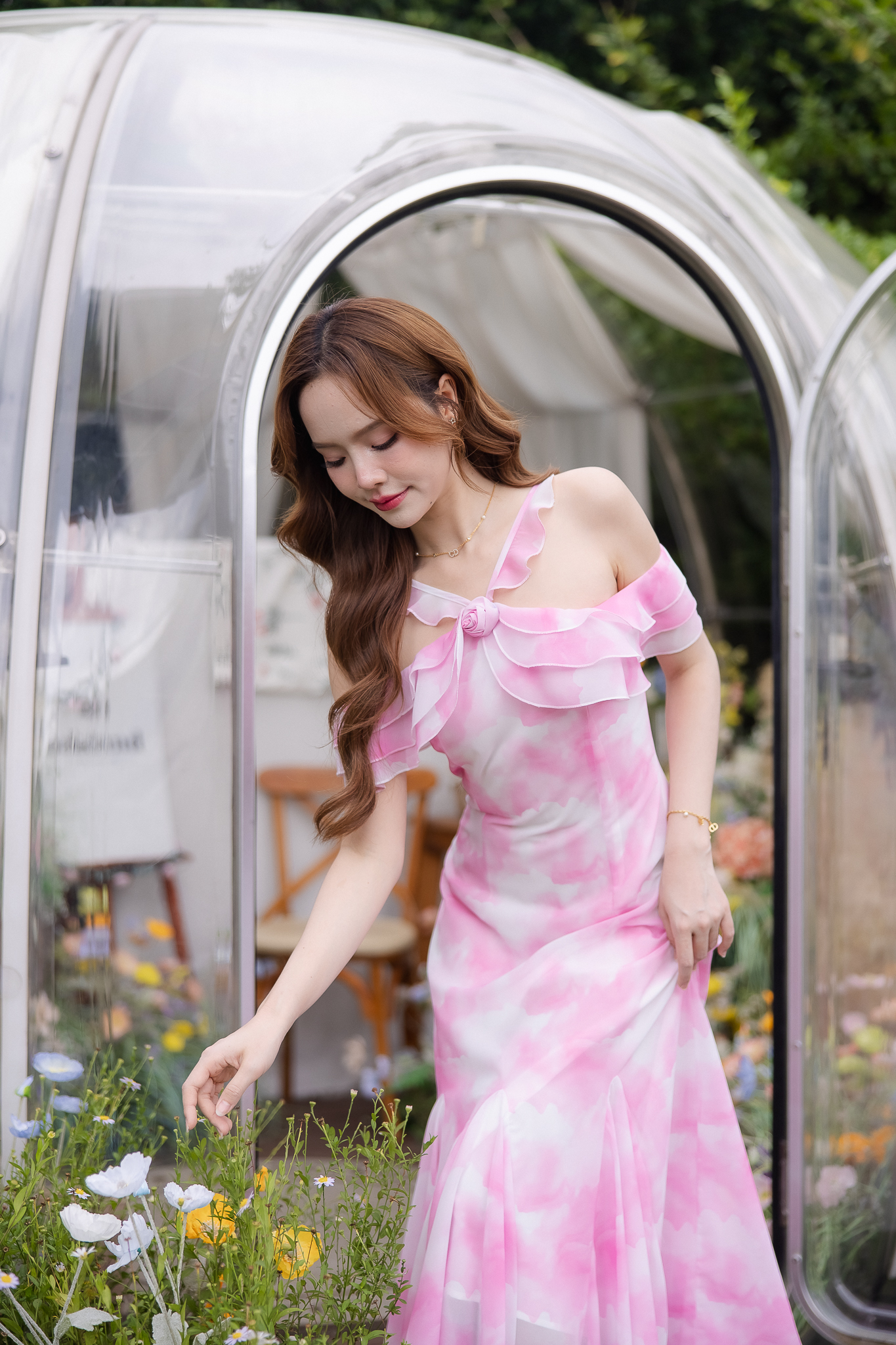 Pink Cloudy Off-Shoulder Maxi Dress ลายเมฆชมพู