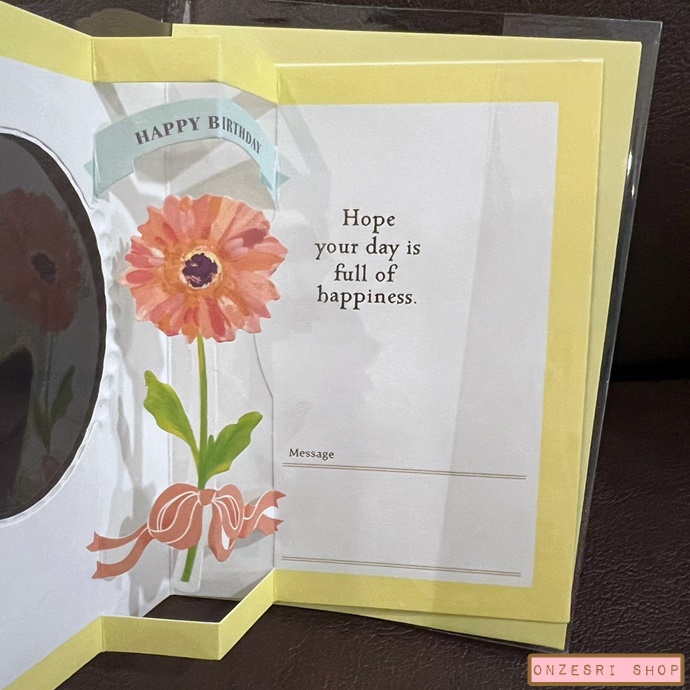Flower Pop Up Birthday Card จาก Hallmark Japan การ์ดอวยพรวันเกิดลายดอกไม้ (ดอกเยอบีร่า สีส้ม) กางออกมาเป็นดอกไม้น่ารัก ให้ผู้ใหญ่ก็เหมาะค่ะ ขนาด 15.4 x 10.8 ซม.