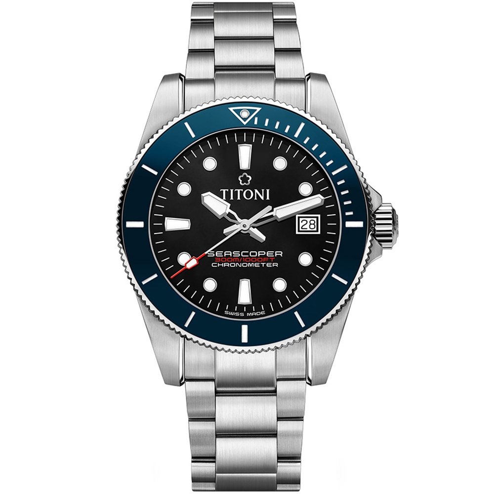 TITONI SEASCOPER 300 CHRONOMETER รุ่น 83300 S-BE-706 (หน้าปัดดำ ขอบน้ำเงิน)