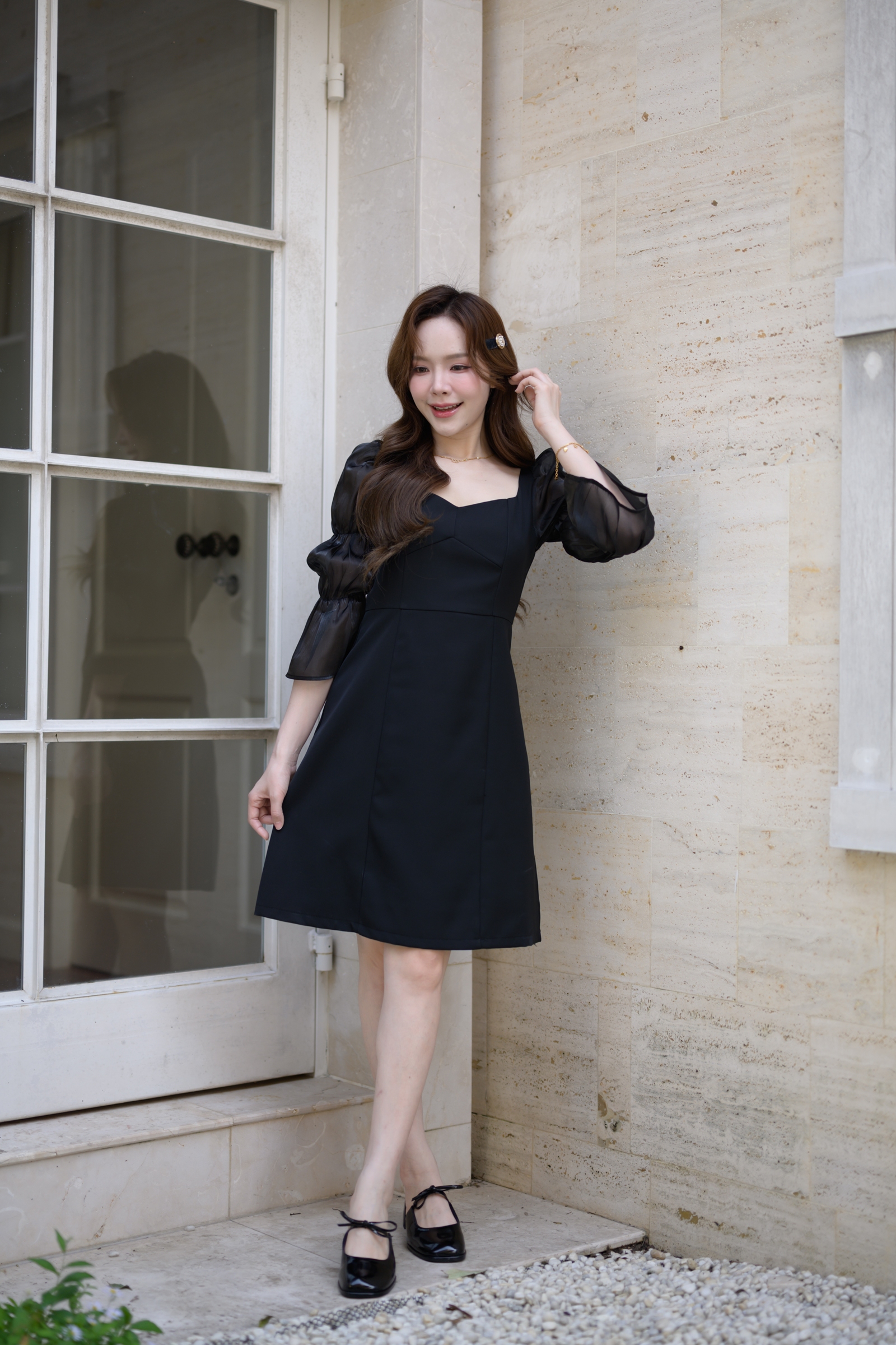 Evie Organza Puff Dress เดรสแขนพัฟ: สีดำ [Made by Pastel Time]