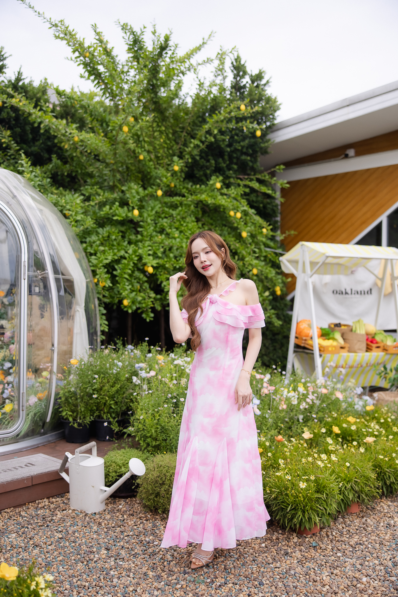 Pink Cloudy Off-Shoulder Maxi Dress ลายเมฆชมพู
