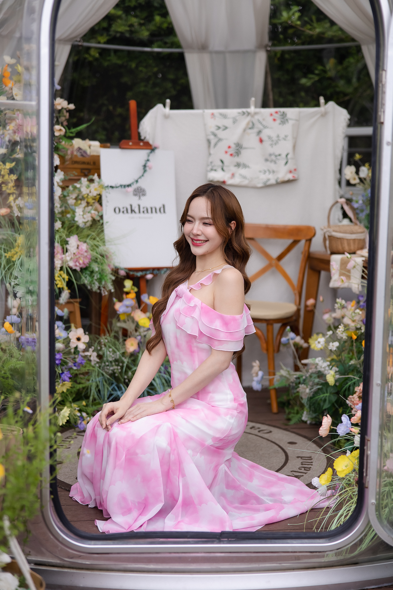 Pink Cloudy Off-Shoulder Maxi Dress ลายเมฆชมพู