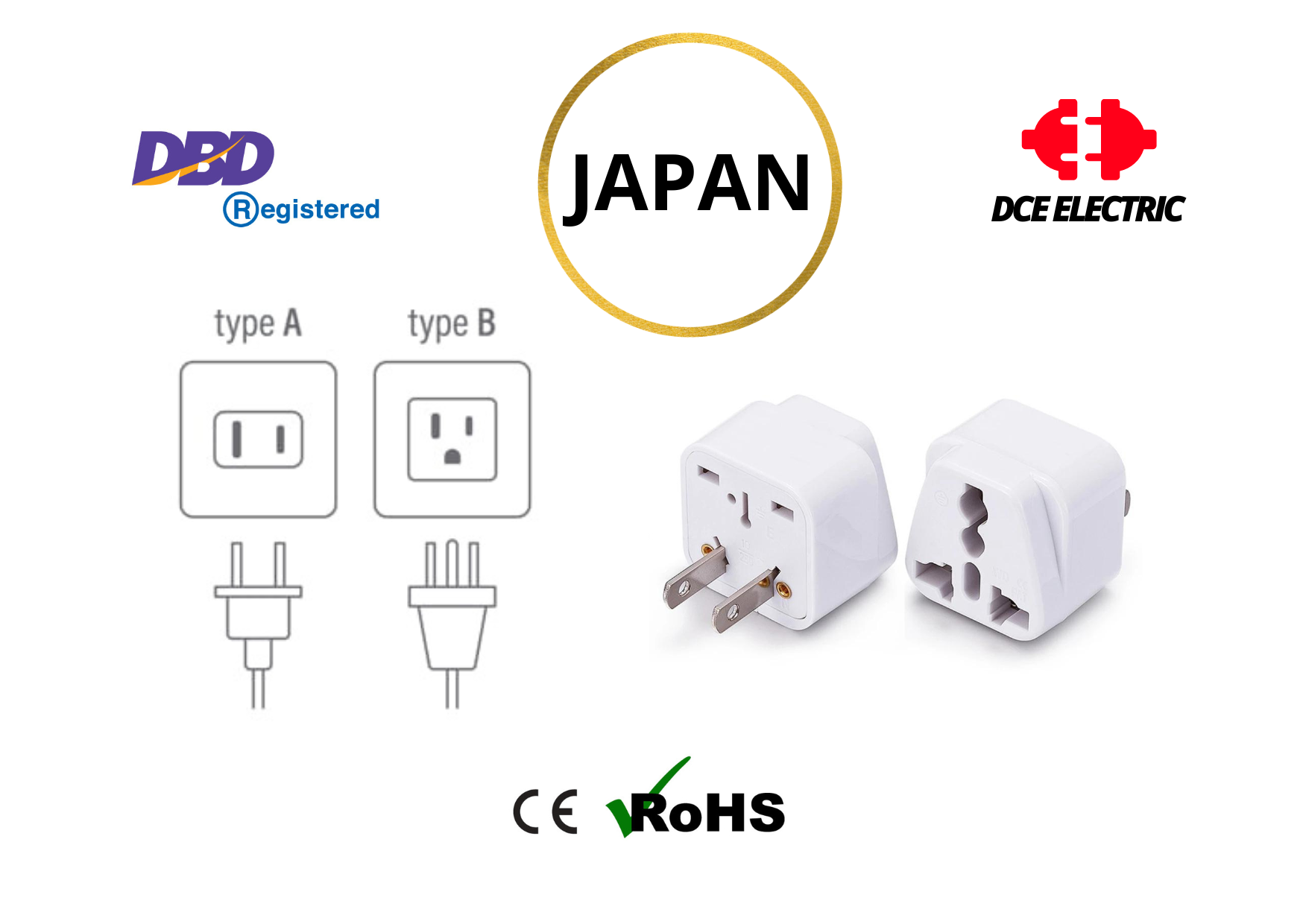 DCE high quality ปลั๊กแปลงญี่ปุ่น ไต้หวัน หัวแปลงปลั๊กไฟเพื่อใช้ในญี่ปุ่นและไต้หวัน Japan Taiwan 2 ขาแบน สีขาว (Type A, B)