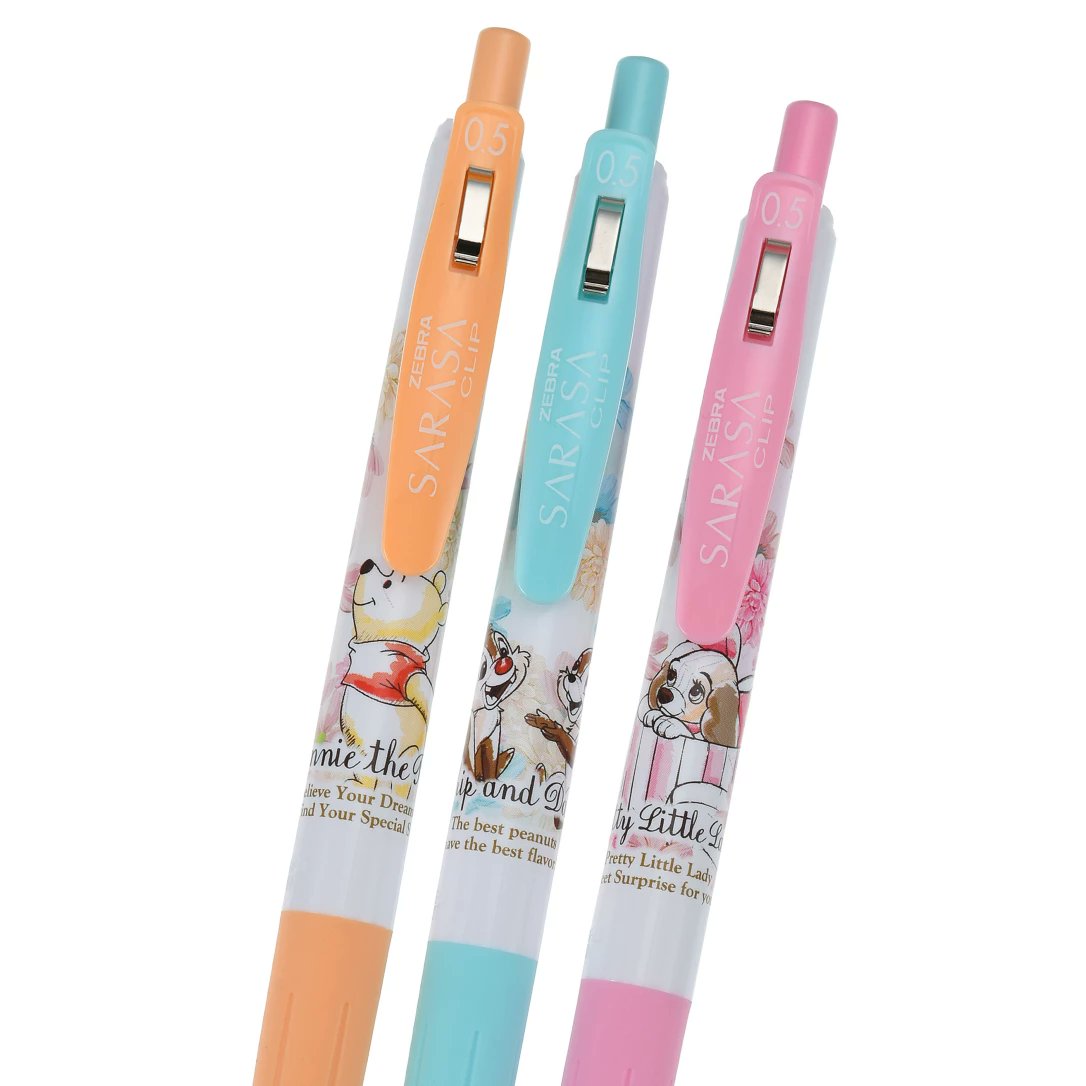 เซ็ตปากกา Zebra Sarasa Clip Disney Store Japan Exclusive ลาย Pooh, Chip & Dale, Lady แบบรวม 3 แท่ง หัว 0.5 หมึกสีดำ