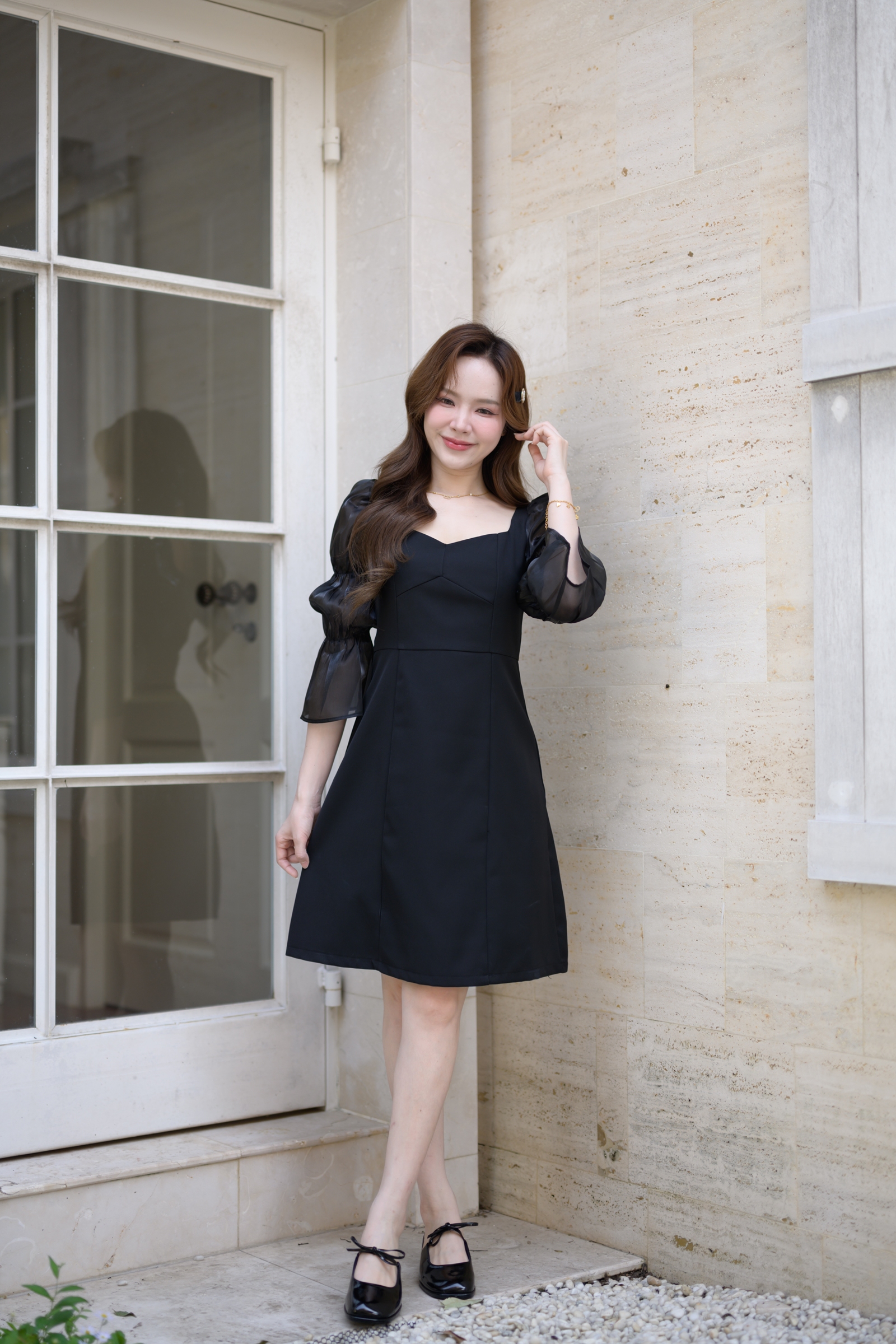 Evie Organza Puff Dress เดรสแขนพัฟ: สีดำ [Made by Pastel Time]