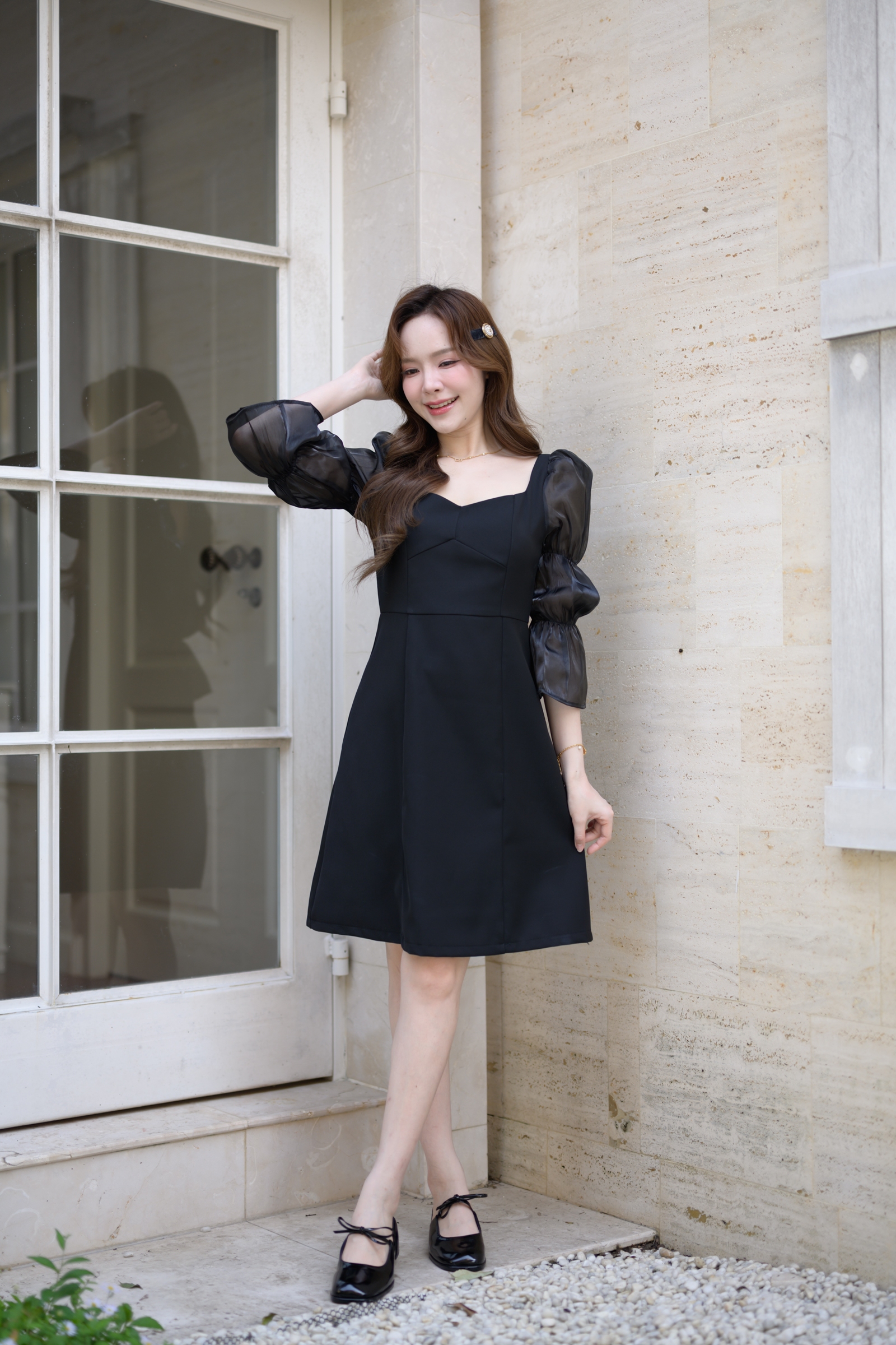 Evie Organza Puff Dress เดรสแขนพัฟ: สีดำ [Made by Pastel Time]
