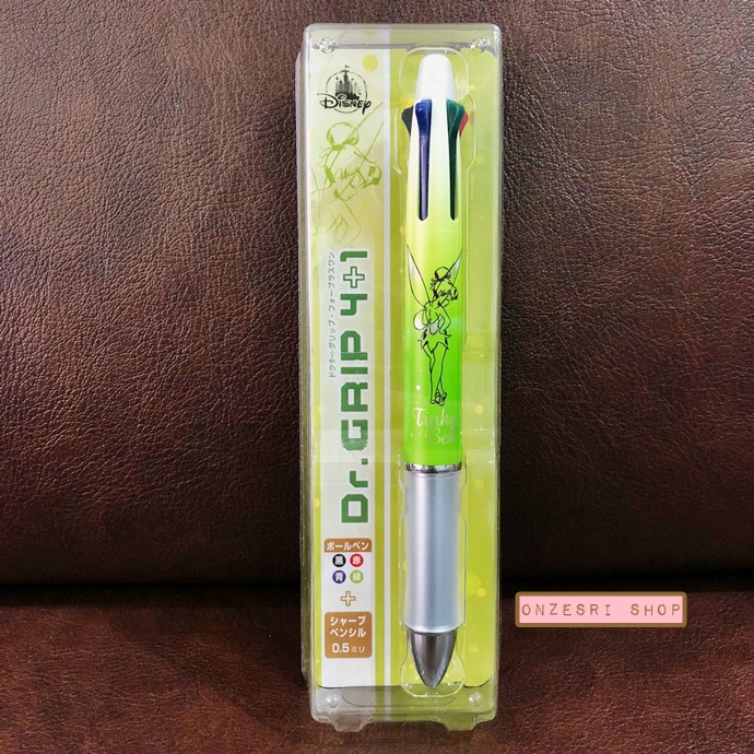 ปากกา Dr.Grip 4+1 ลาย Disney Glitter (Tinkerbell) เป็นปากกาหมึก 4 สี ดำ แดง เขียว น้ำเงิน และเป็นดินสอกดในแท่งเดียวกัน มีขายเฉพาะที่ Disney Store Japan เท่านั้น