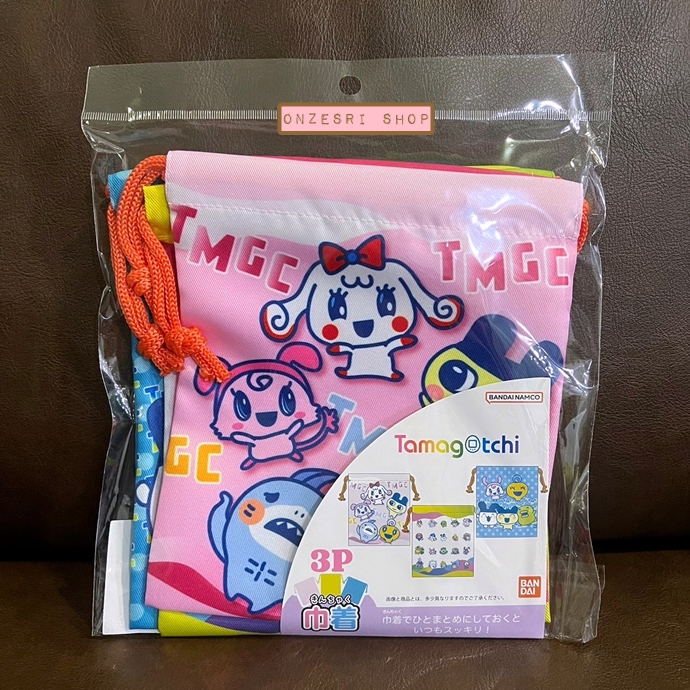 เซ็ตกระเป๋ารูดเชือก 3 ใบ ลาย Tamagotchi Uni จากญี่ปุ่น ขนาด 21 x 18 ซม.