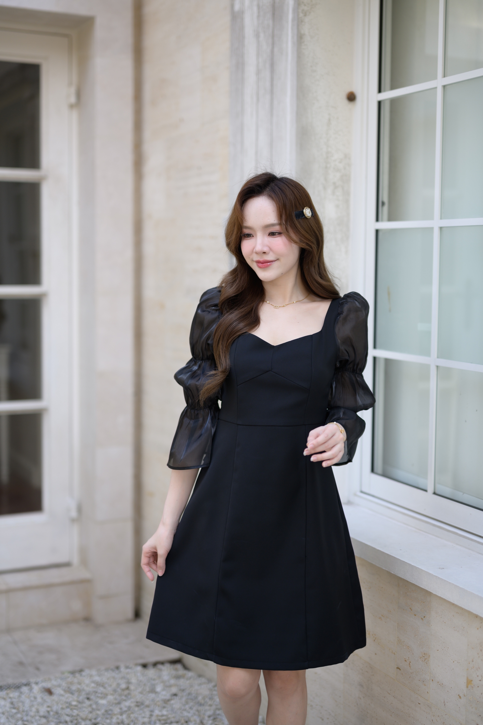 Evie Organza Puff Dress เดรสแขนพัฟ: สีดำ [Made by Pastel Time]