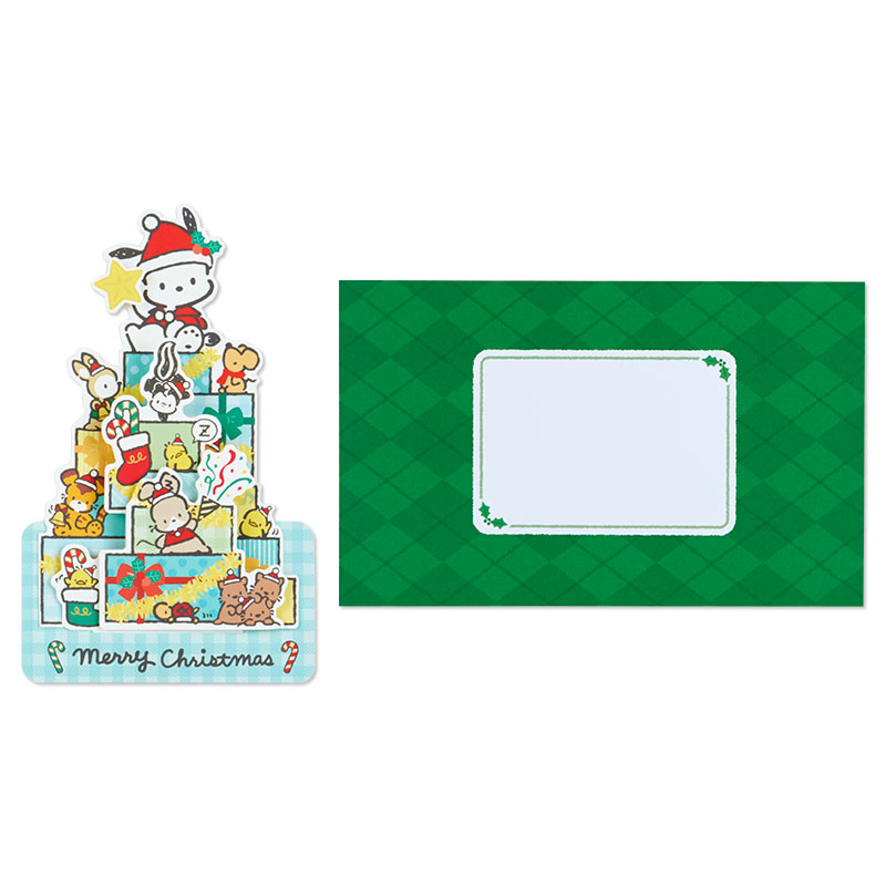 Sanrio Christmas Pop Up Card From Japan การ์ดอวยพรลาย Pochacco กางออกมาเป็นต้นคริสต์มาสได้น่ารัก ขนาด 18.8 x 13 x 7.2 ซม.