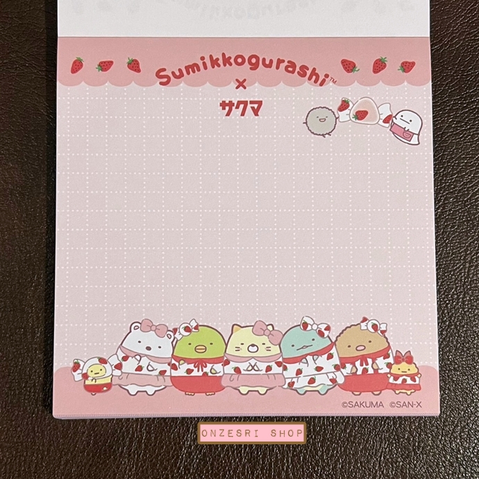กระดาษโน้ต Sumikko Gurashi x Sakuma Strawberry Milk Candy Block Memo แบบสีชมพู ขนาด 10 x 10 ซม. มี 4 ลาย รวม 120 แผ่น