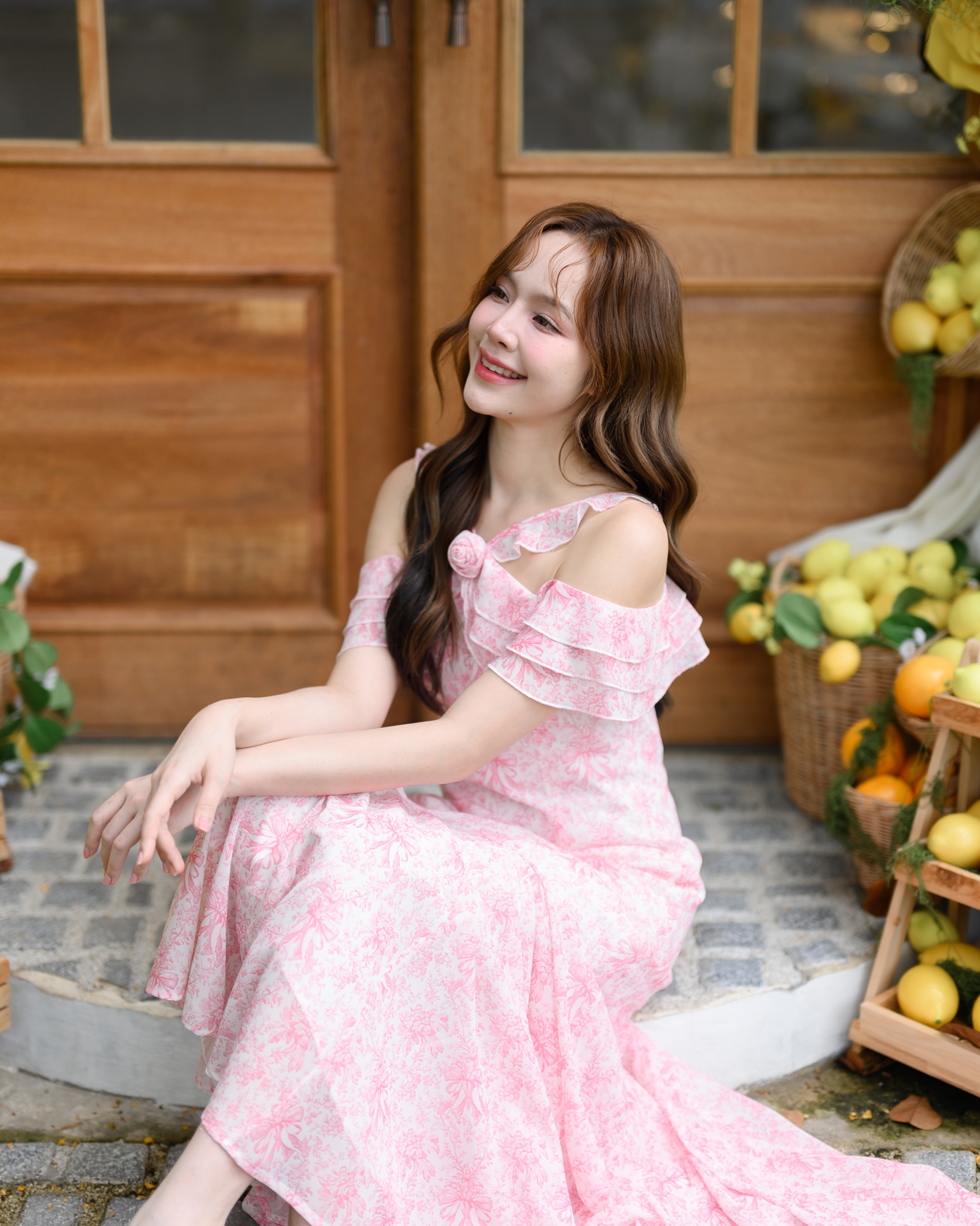 Pink Toile Bow Off-Shoulder Maxi Dress