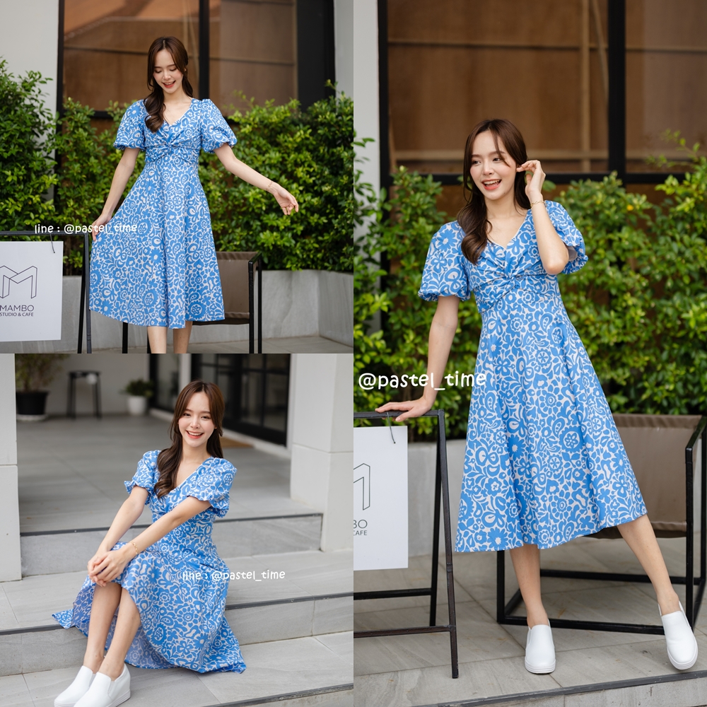 Cecil Flare Dress - สีฟ้า