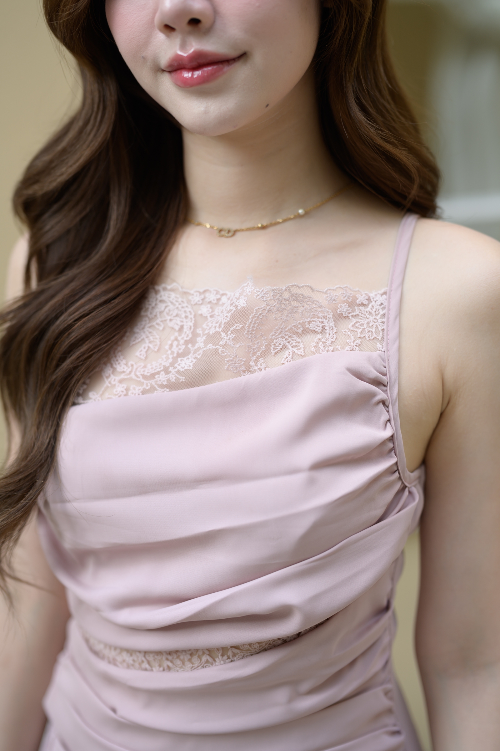 Elise Draped Lace Midi Dress : สีชมพู [Made by Pastel Time]