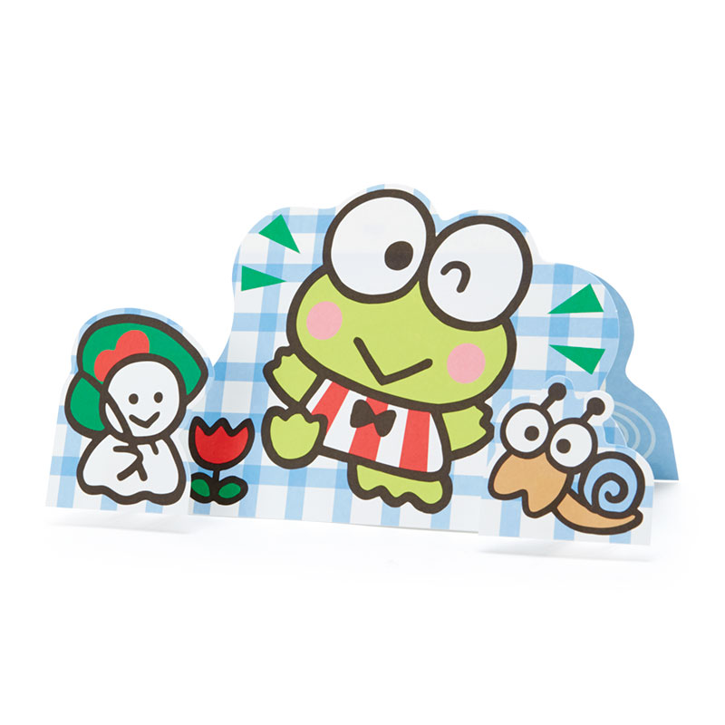 การ์ดเปล่า Sanrio & Seal Card แบบ Keroppi สามารถเขียนด้านในได้ มีสติกเกอร์น่ารักให้แปะได้ 1 แผ่น มาพร้อมซองลายน่ารักเข้ากัน ขนาดประมาณ 16.2 x 11 ซม.