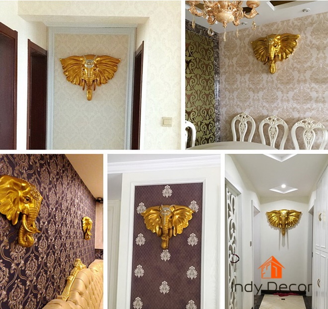 หัวช้างทอง ร่ำรวยเงินทอง ขนาด 36x32x12 ซม. แขวนผนัง เสริมความเป็นศิริมงคล