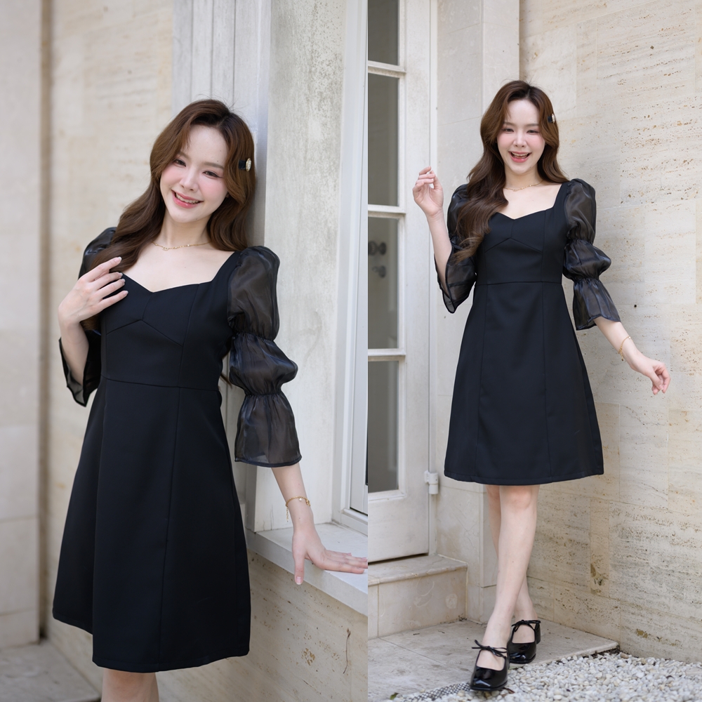 Evie Organza Puff Dress เดรสแขนพัฟ: สีดำ [Made by Pastel Time]