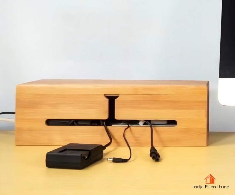 Indy Furniture BG-02 กล่องเก็บสายไฟ กล่องเก็บปลั๊กไฟ แท่นวางชาร์จมือถือ ไม้ยางพารา