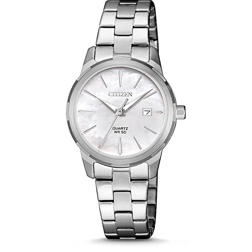 CITIZEN Quartz ผู้หญิง รุ่น EU6070-51D (หน้าขาวมุก สายสแตนเลส) เครื่องศูนย์ไทย