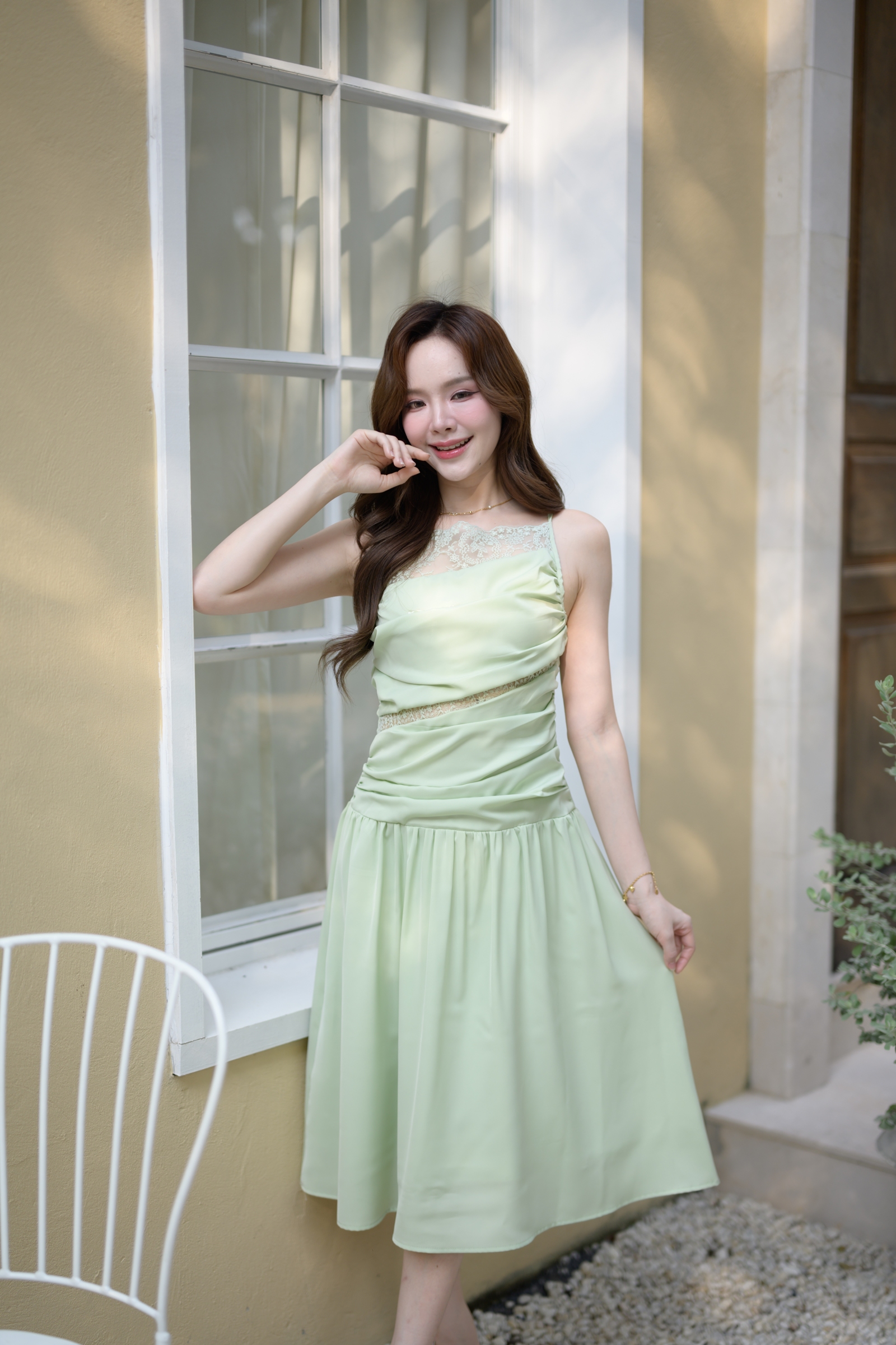 Elise Draped Lace Midi Dress : สีเขียว [Made by Pastel Time]