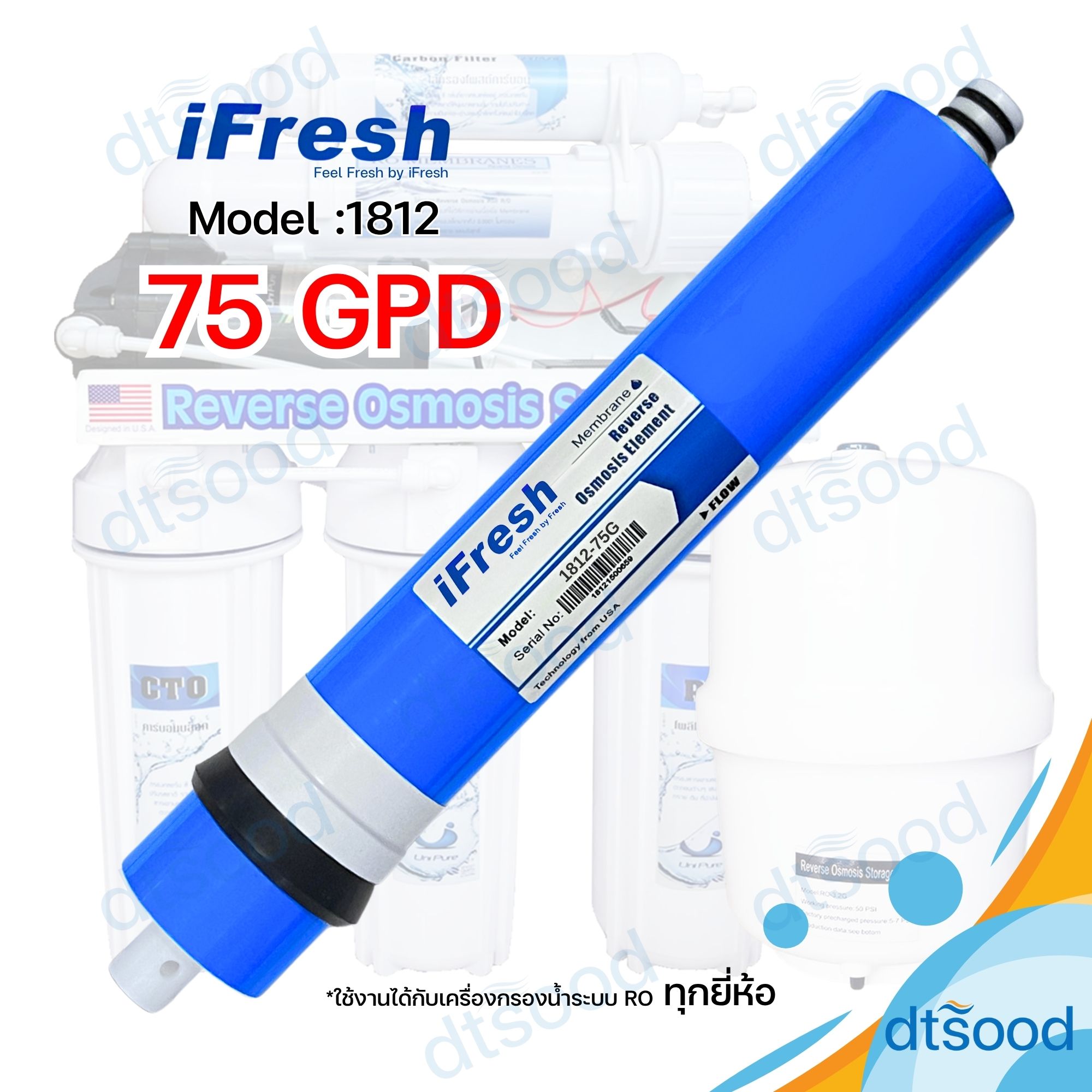 ไส้กรองน้ำ RO Membrane ขนาด 75 GPD ยี่ห้อ iFresh กรองละเอียด 0.0001 ไมครอน