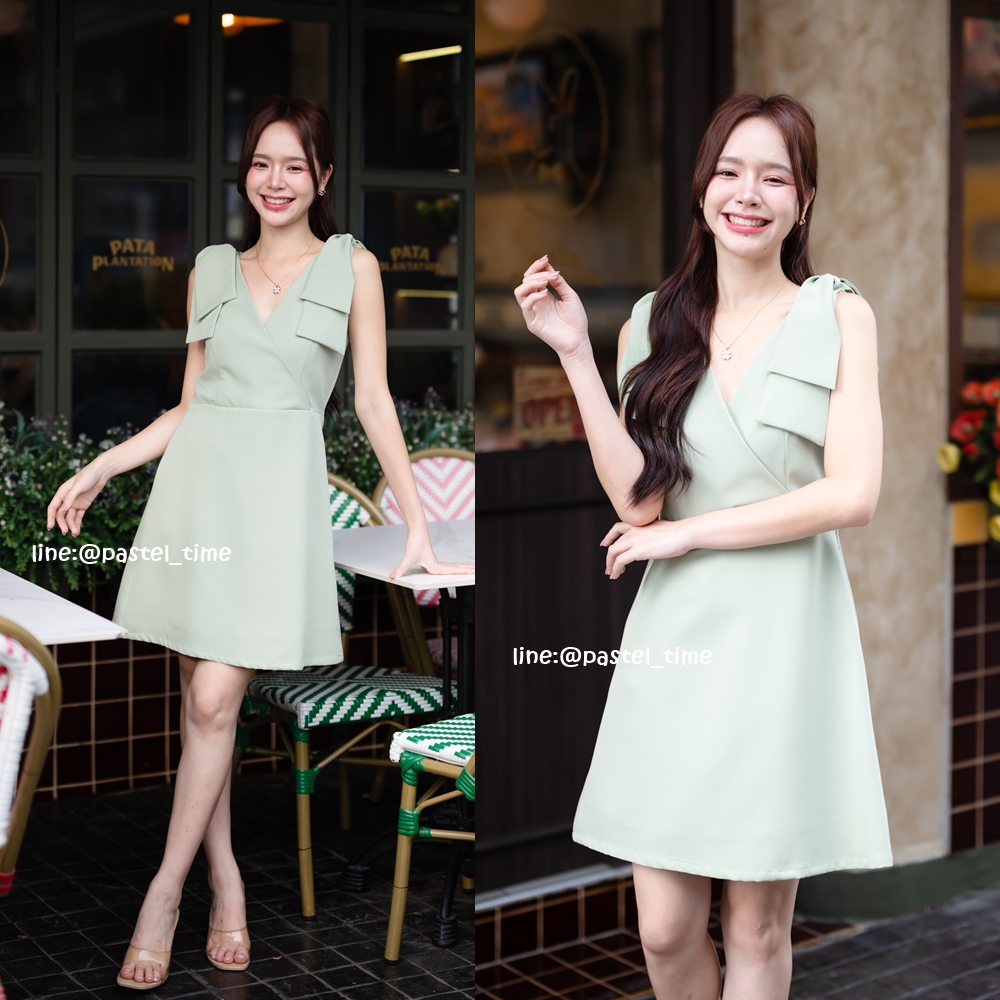 Amy Double Bow Dress - สีเขียวมัทฉะ [Made by Pastel Time]