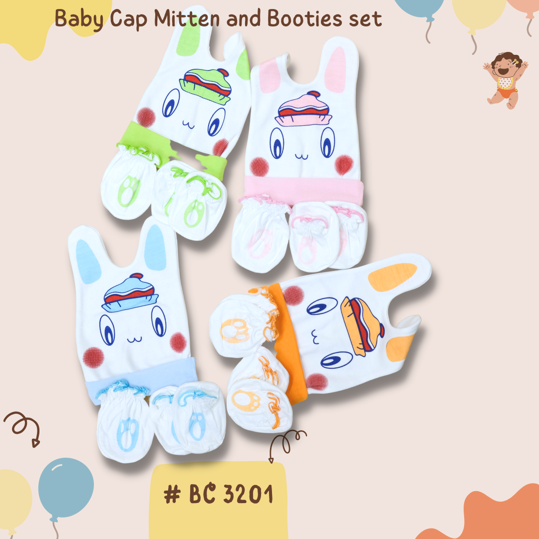 Bonet Mitten Booties ชุด 3 ชิ้นพิมพ์ หน้าการ์ตูน